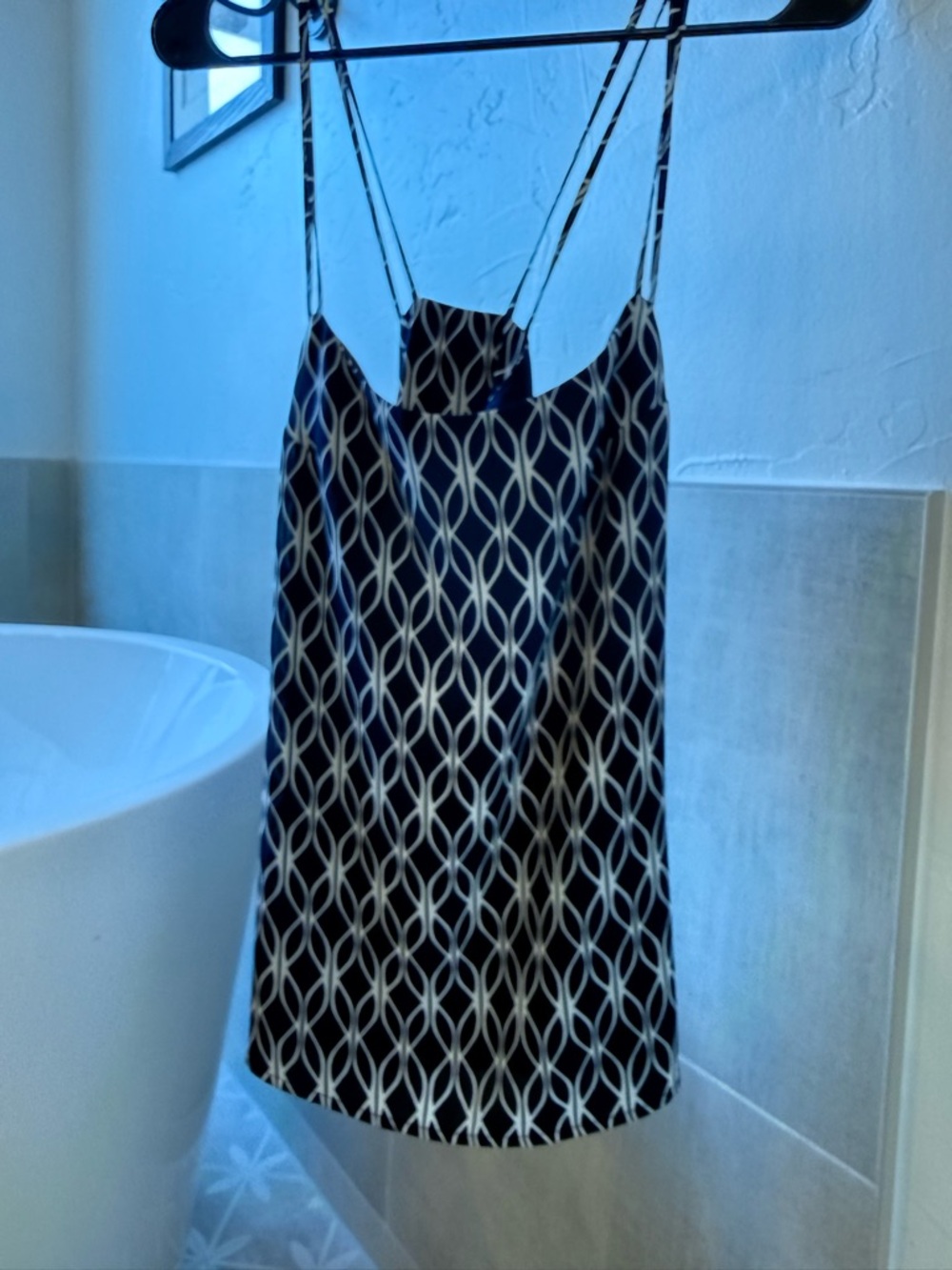 Navy & White Geometric Silky Tank Top - Women - great under a white cardi